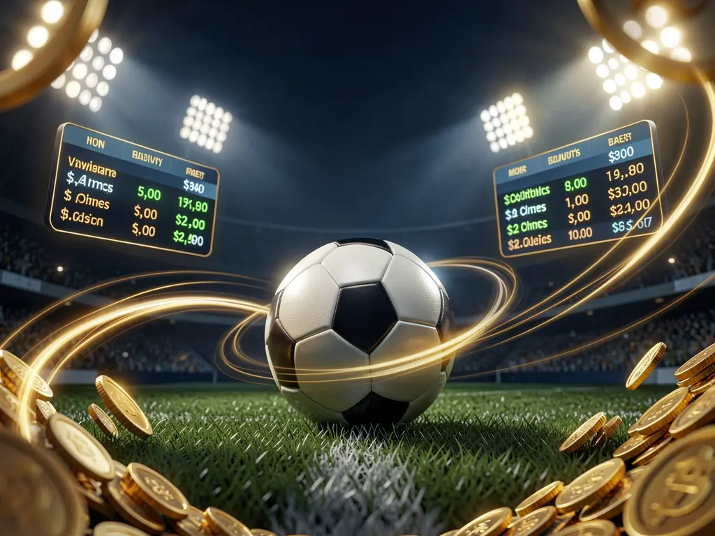 RUN7777 sports betting hero banner featuring a football stadium at night with bright floodlights, a soccer ball on green grass, glowing odds panels, golden coins, and dynamic light trails in a premium dark blue and gold cinematic 3D render