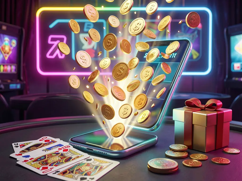 RUN7777 mobile casino bonus banner featuring a smartphone with coins bursting from the screen, a gift box, and playing cards nearby, all illuminated by a bright neon glow in a premium realistic 3D render