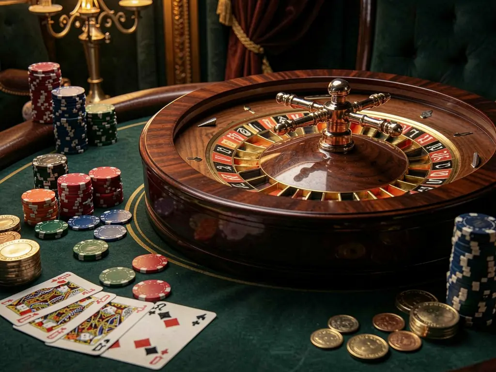 RUN7777 classic casino scene featuring a spinning roulette wheel, scattered chips, playing cards, and coins on an elegant dark table with cinematic lighting