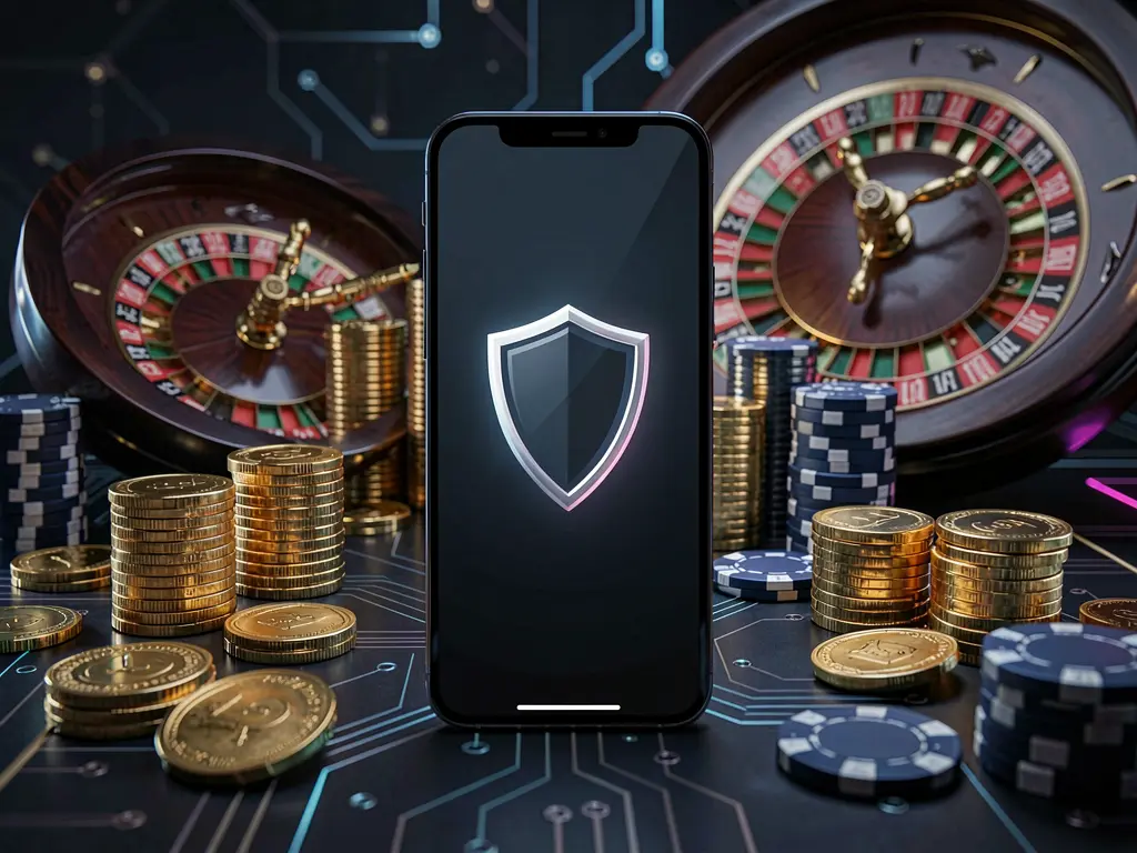 RUN7777 secure mobile casino login screen featuring a phone with a shield icon, roulette wheel, poker chips, and golden coins in a dark cyber luxury atmosphere